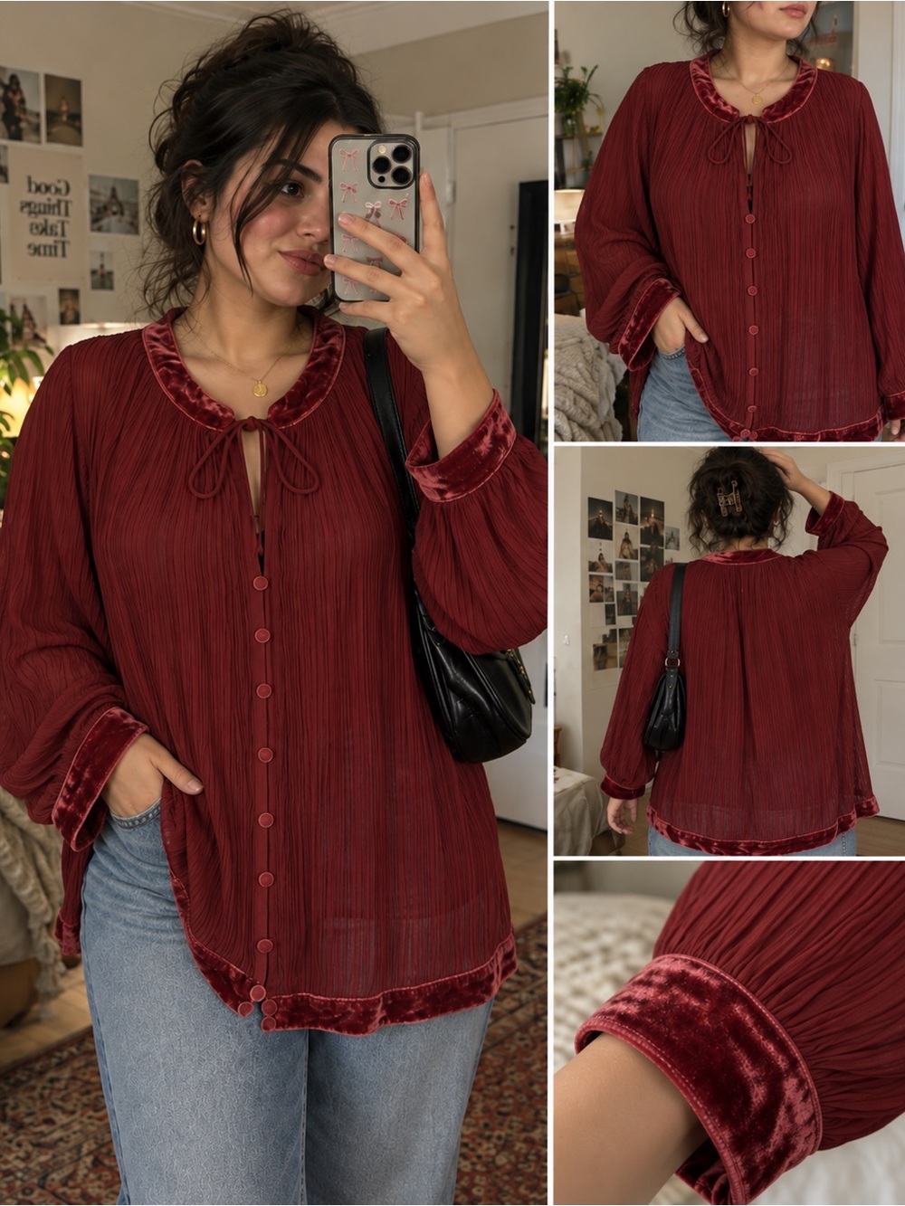 Free People Velvet Trim Pleated Blouse Top Brick Red Size L
